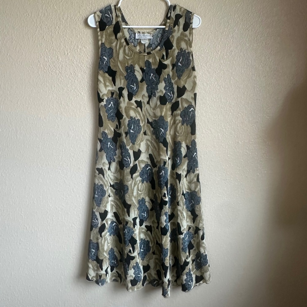 Vintage Maks New York Plisse Pleated Cottagecore Floral Midi Sleeveless Dress XL